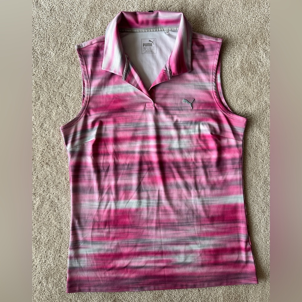 Puma Women's Pink and Gray Striped Tank Top